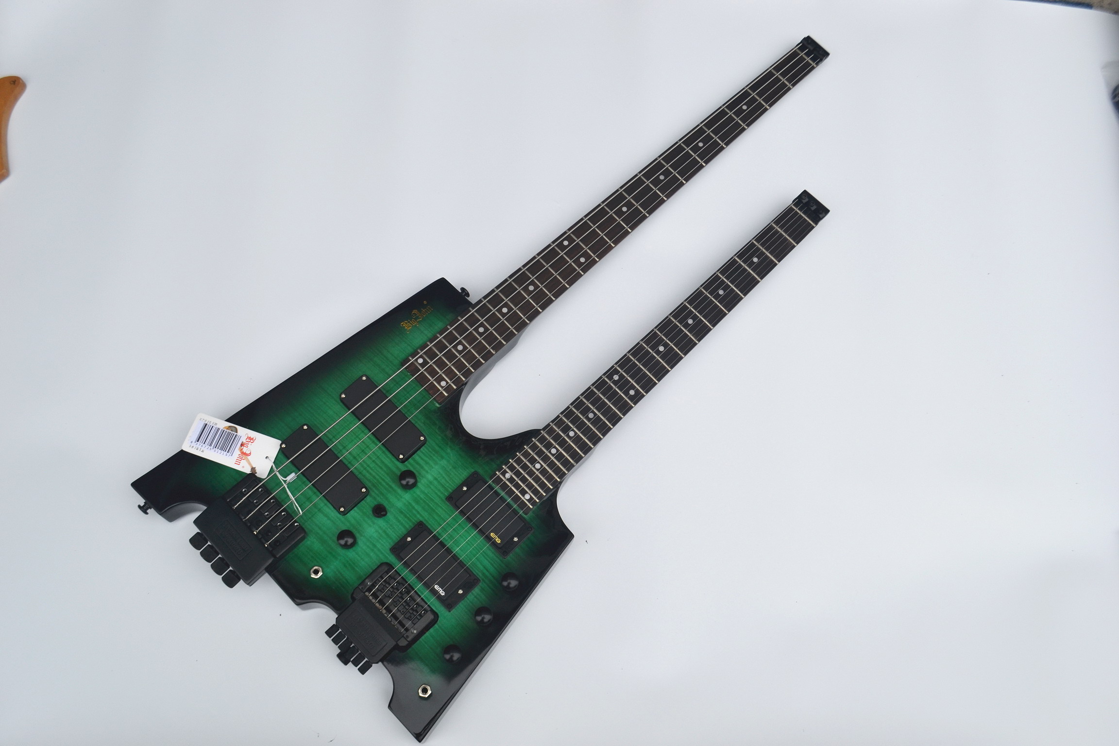 free shipping double neck headless basswood body green color el