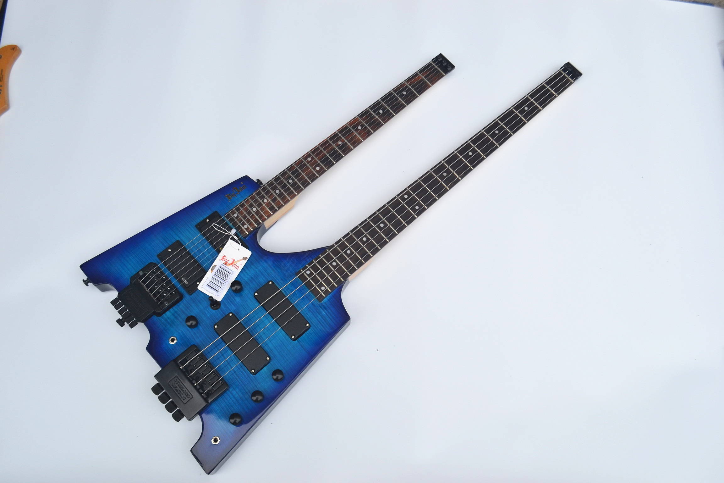 free shipping double neck headless basswood body blue color ele