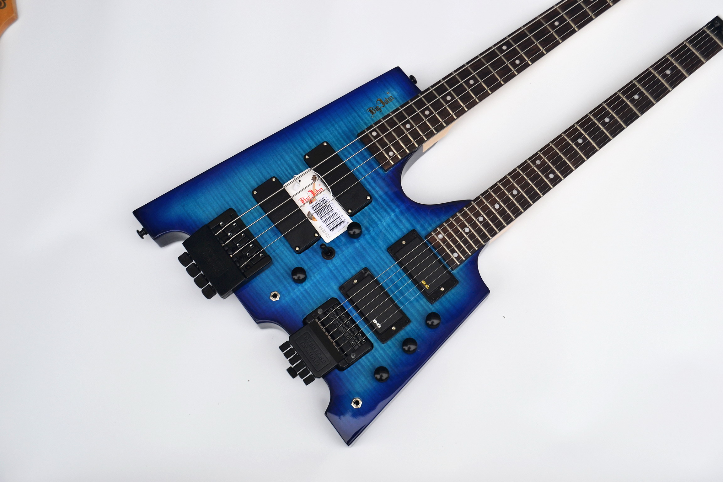 free shipping double neck headless basswood  body blue color ele