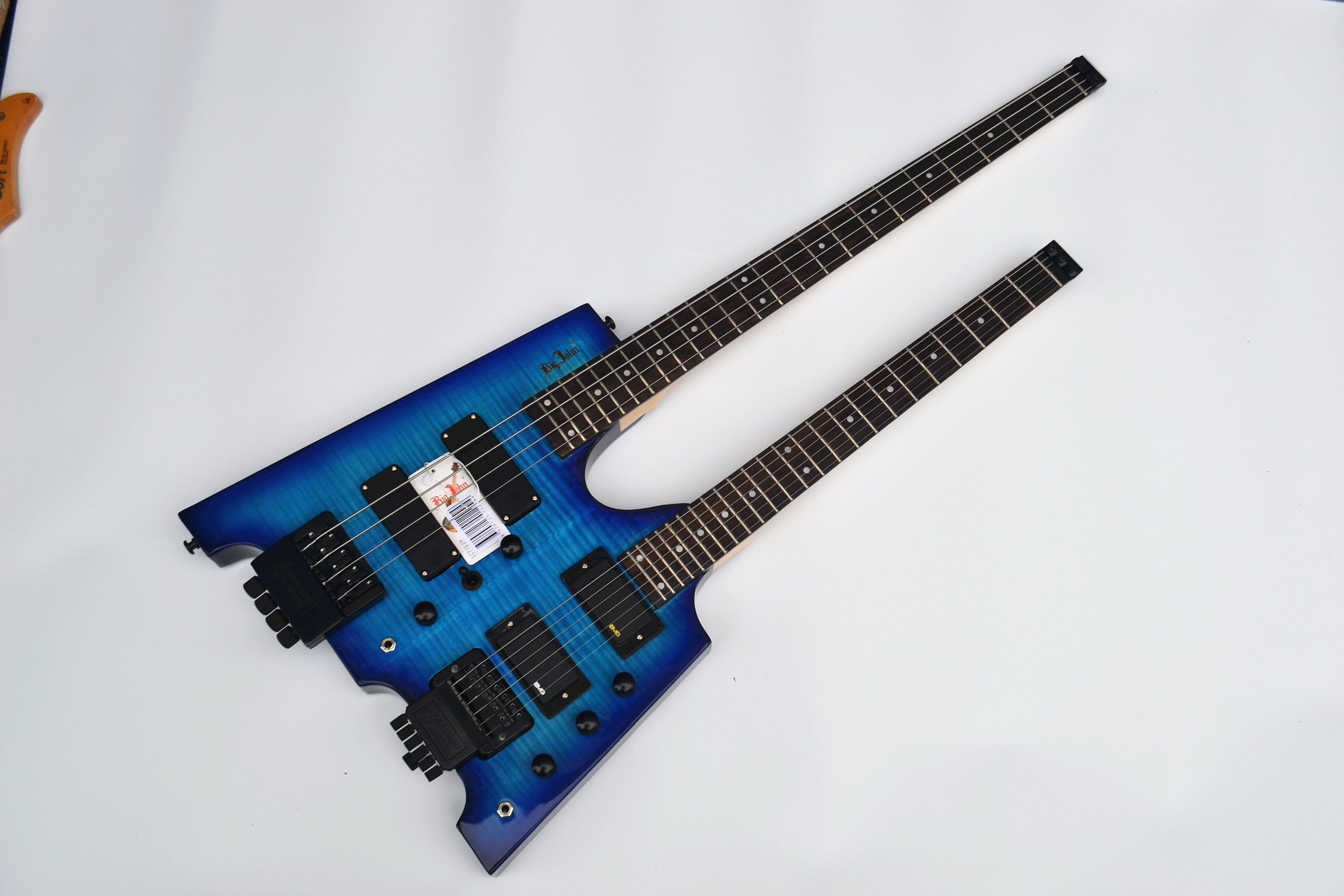 free shipping double neck headless basswood body blue color ele