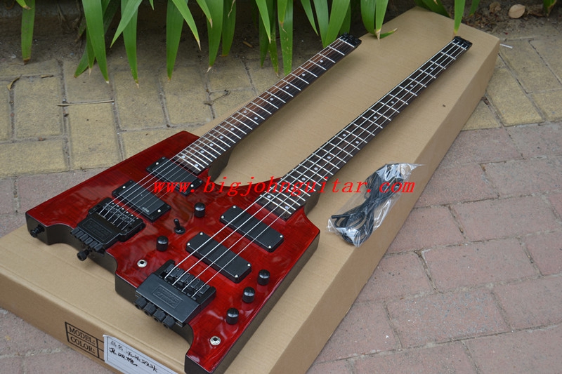 Double neck headless electric guitar in red F-3442