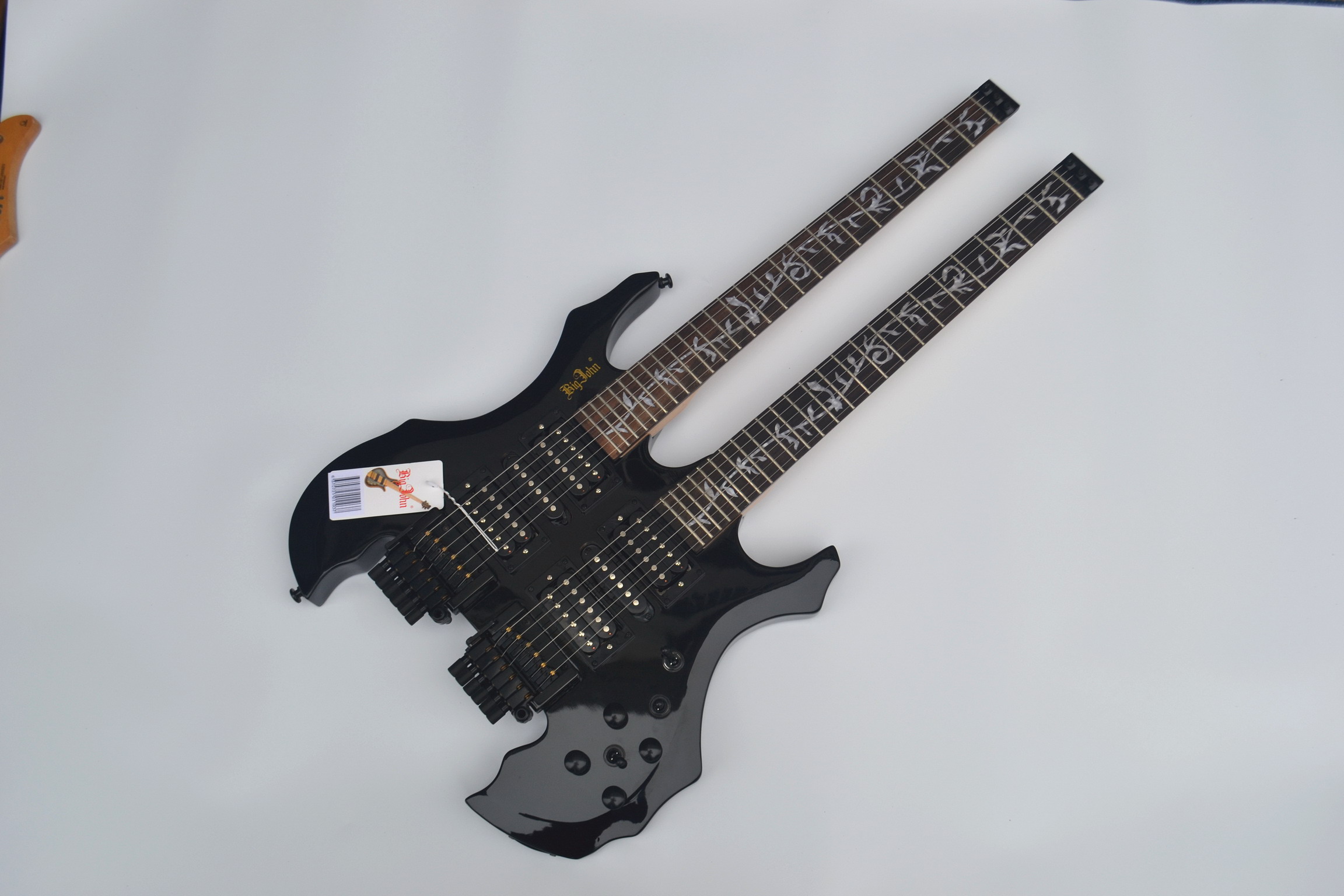 free shipping double neck headless basswood body black color el