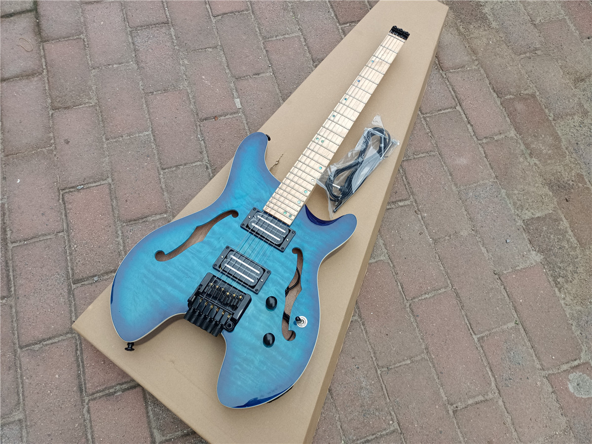 Blue Semi Hollow Headless Electric Guitar, Quited Maple Top