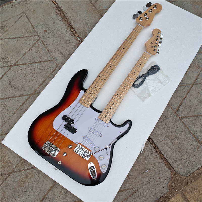 Double Neck Sunburst Electric Guitar,4 Strings Bass and 6 String
